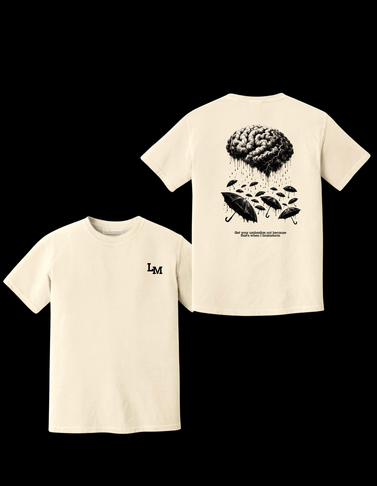 Life Method Brainstorm tee in cream, LM chest logo and back brain and umbrella artwork