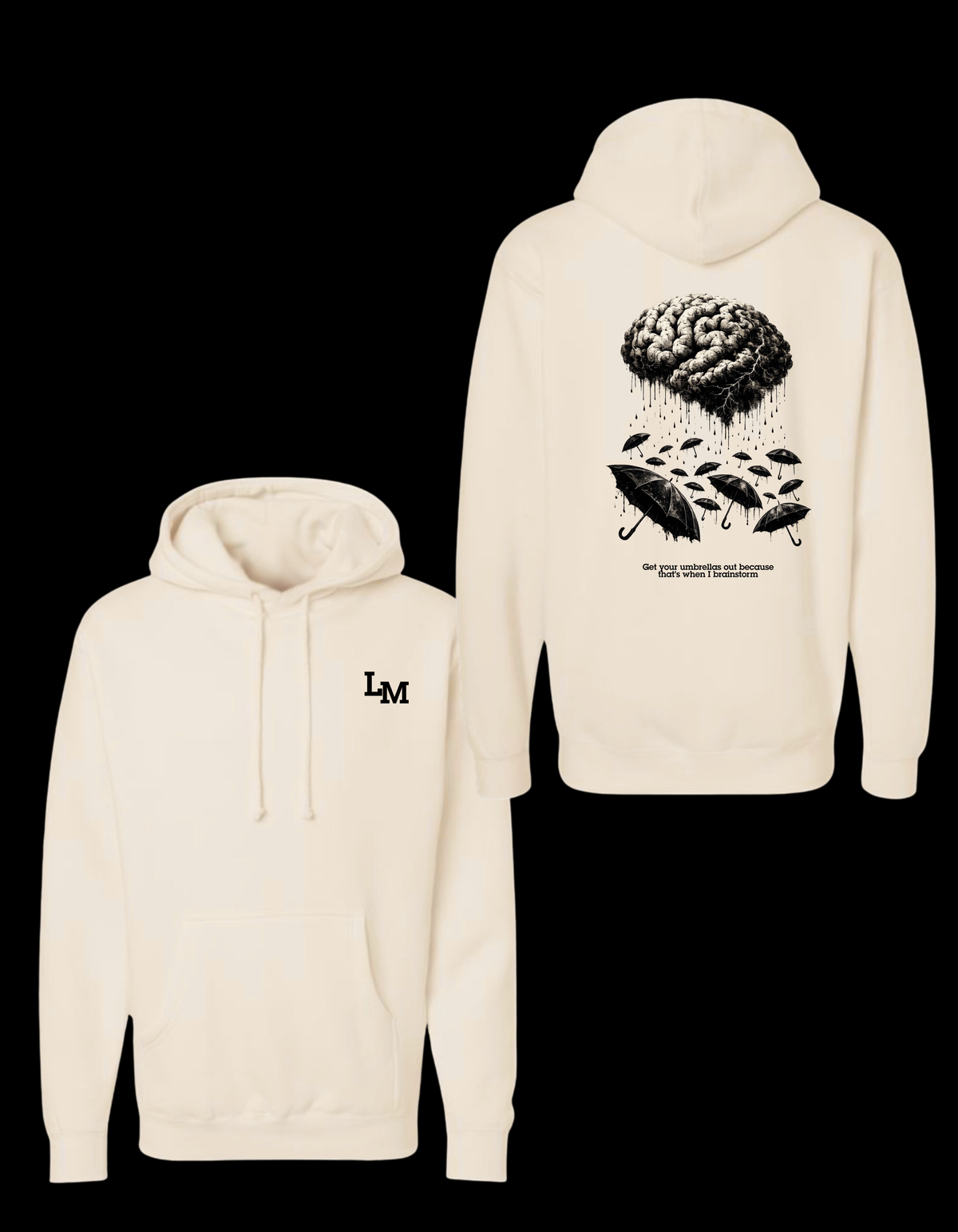 Life Method Brainstorm hoodie in cream, LM chest logo and back brain and umbrella artwork