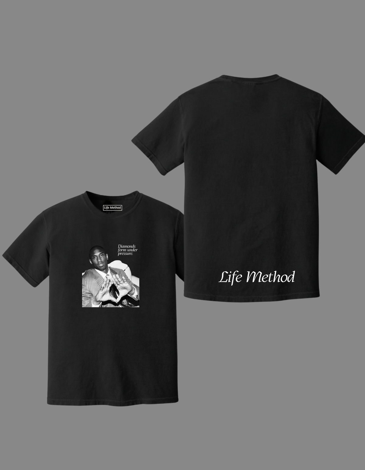 Life Method Diamonds Form Under Pressure tee in black, front graphic and signature back print
