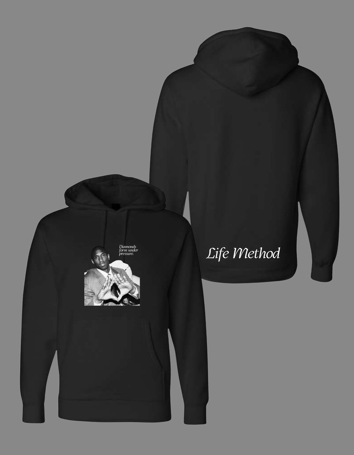 Life Method Diamonds Form Under Pressure hoodie in black, front graphic and signature back print