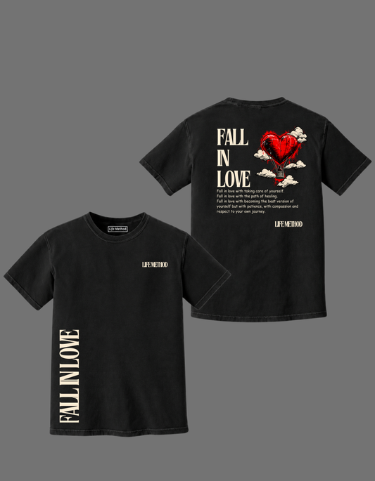 Life Method Fall In Love tee in black, back red heart hot-air balloon graphic