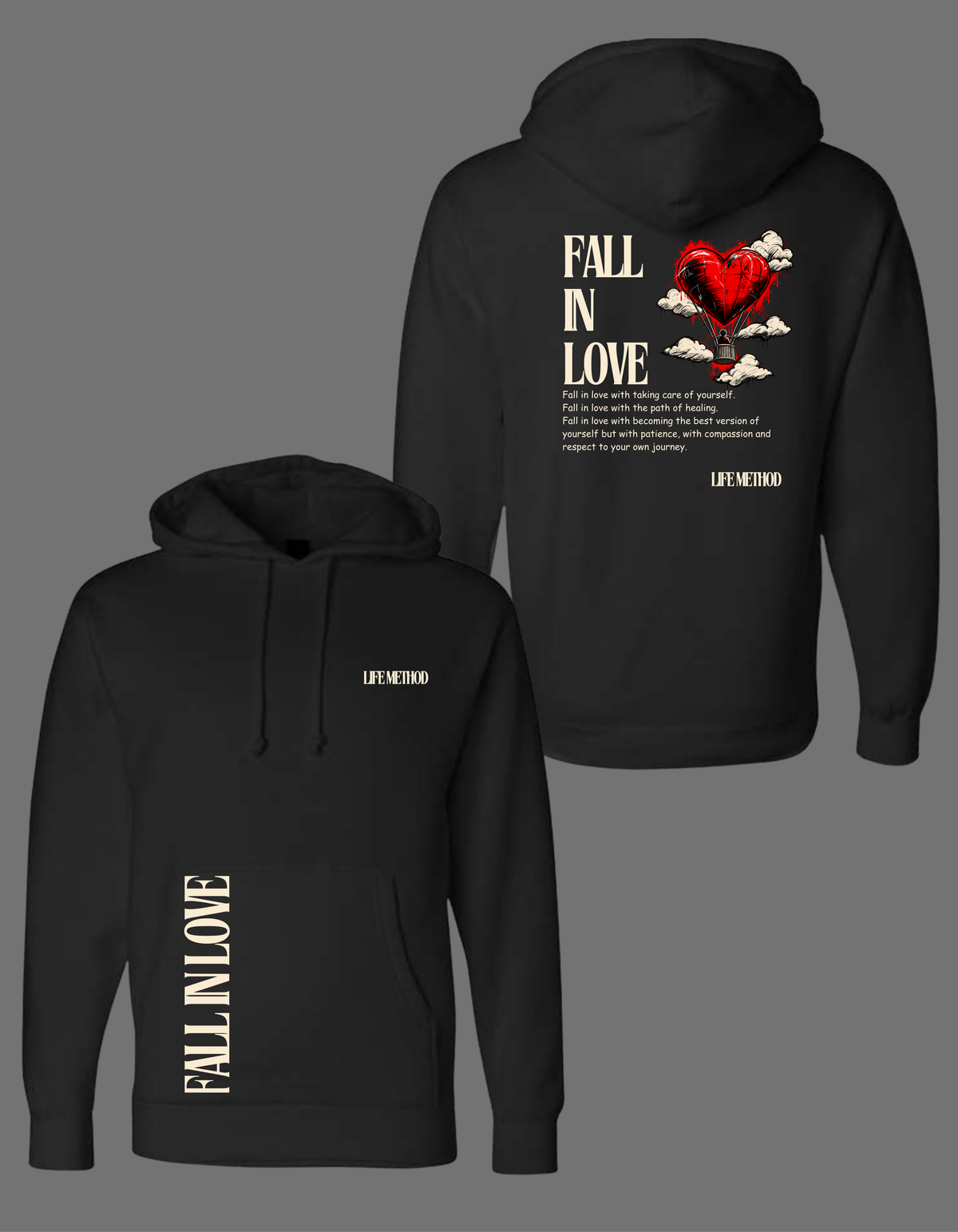 Life Method Fall In Love hoodie in black, back red heart hot-air balloon graphic