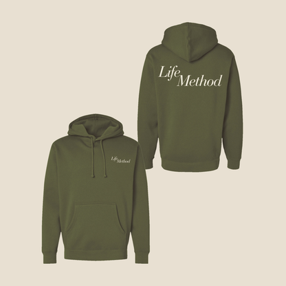 Life Method Color of the Month hoodie in Army Green, front and back with cream Life Method script logo