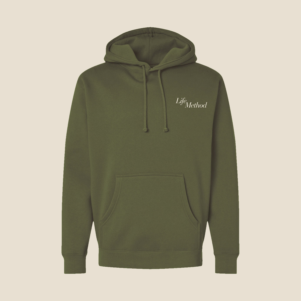 Front of the Life Method Army Green hoodie with a small cream Life Method script on the left chest