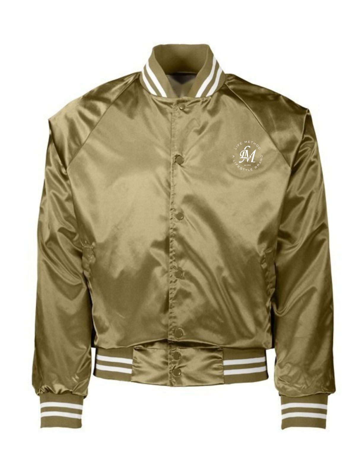 Life Method satin jacket in gold with LM crest on the chest and striped knit trim