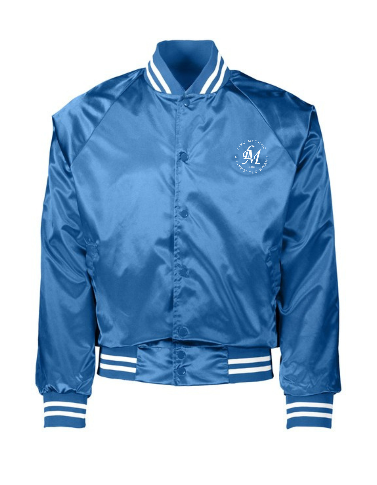 Life Method satin jacket in Columbia blue with LM crest on the chest and striped knit trim