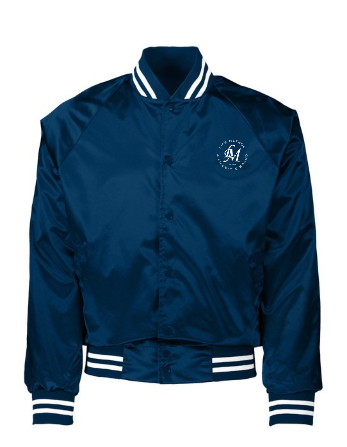 Life Method satin jacket in navy with LM crest on the chest and striped knit trim
