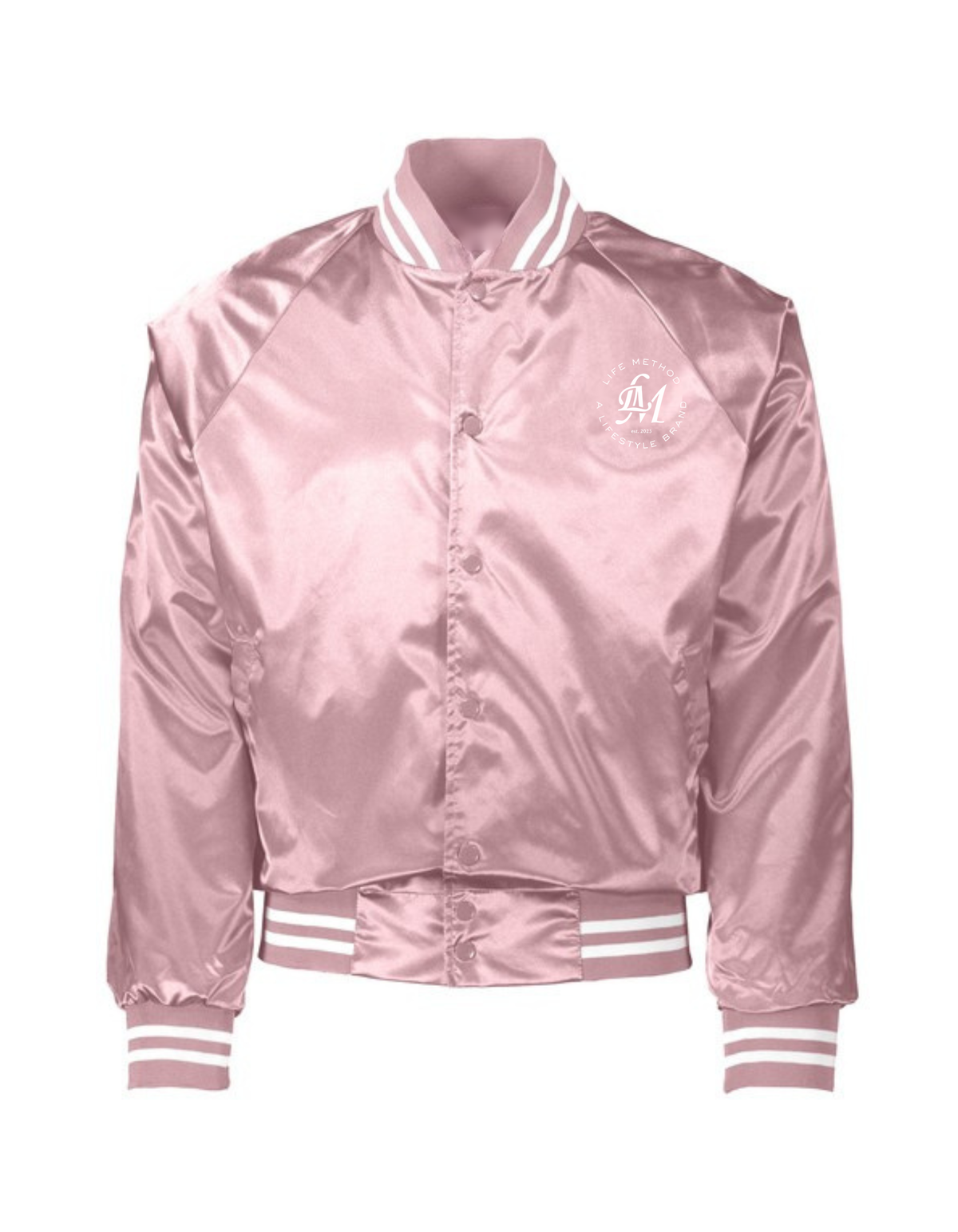 Life Method satin jacket in pink with LM crest on the chest and striped knit trim