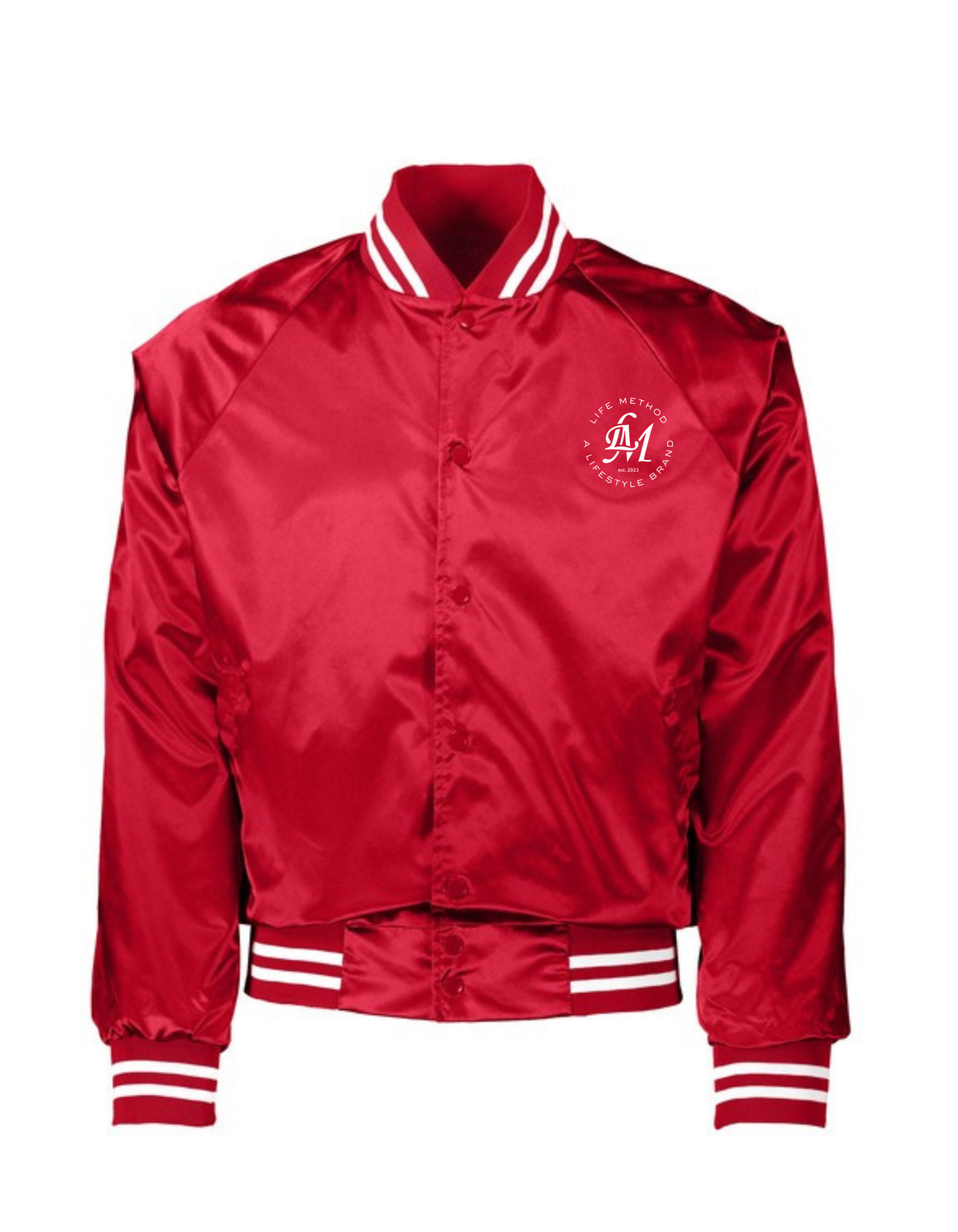 Life Method satin jacket in red with LM crest on the chest and striped knit trim