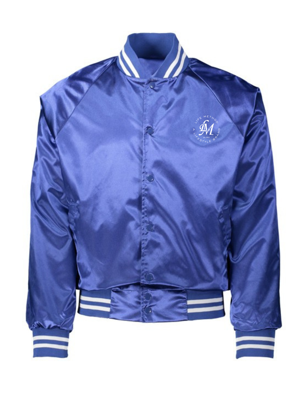 Life Method satin jacket in royal blue with LM crest on the chest and striped knit trim