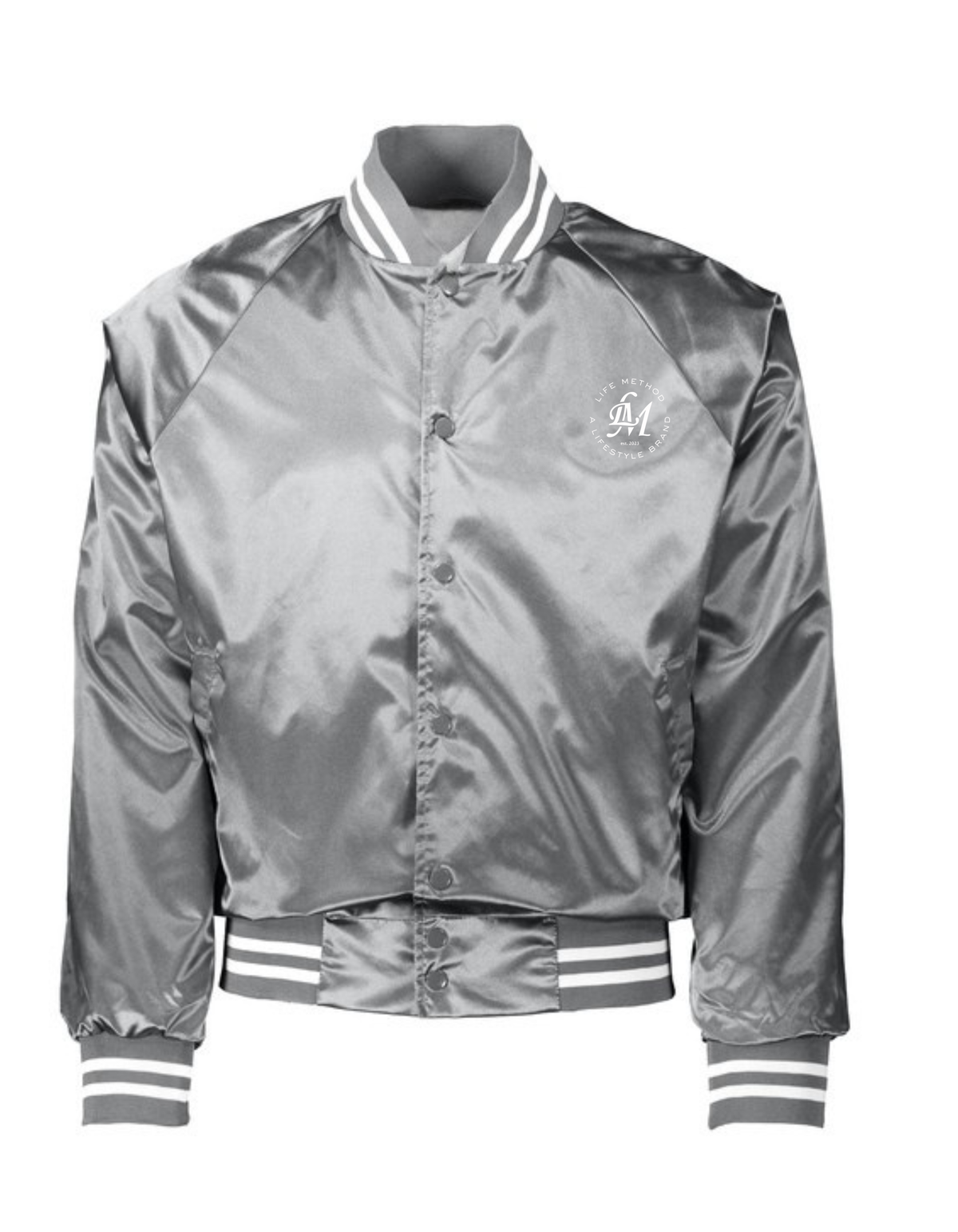 Life Method satin jacket in silver with LM crest on the chest and striped knit trim